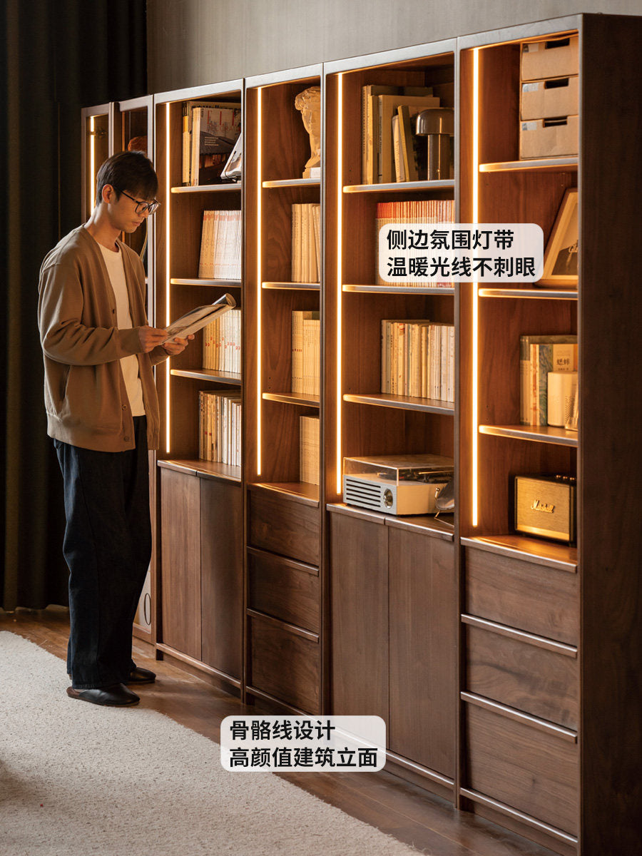 黑标实木书柜书房轻奢展示柜置物柜黑胡桃木收纳柜